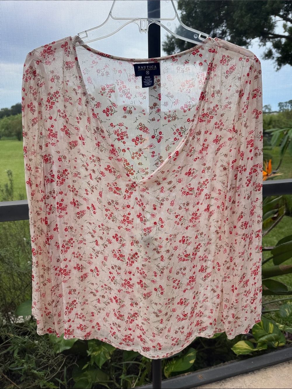 Nautica Cream Floral V-Neck Top with Red Print